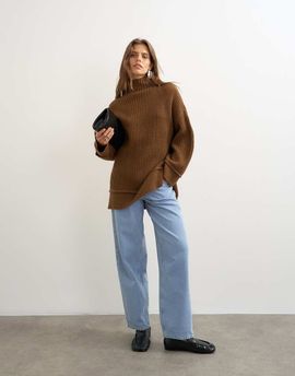 Topshop Topshop knitted high neck roll seam detail oversized sweater with wool in brown