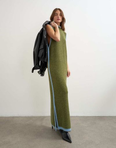 Topshop Topshop knitted high neck sleeveless tunic maxi dress in olive-Green
