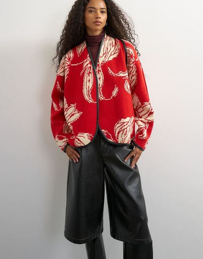 Topshop Topshop knitted kimono PU trim jacket in red and ivory-MULTI