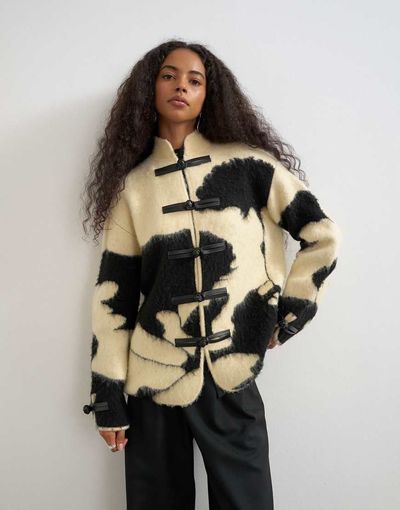 Topshop Topshop knitted patterned frogging detail jacket in black and cream-MULTI