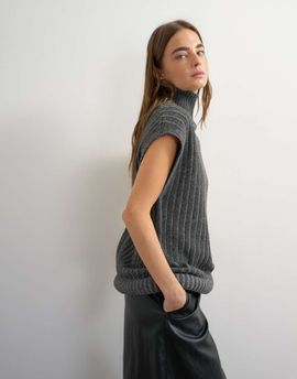 Topshop Topshop knitted ribbed funnel neck wool longline top with tube hem in coal-NEUTRAL