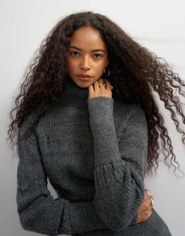 Topshop Topshop knitted stitchy high neck sweater in gray-WHITE
