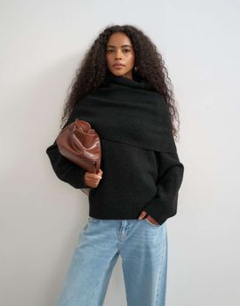 Topshop Topshop knitted wool blend deep fold bardot sweater in black