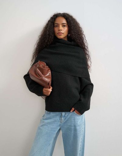 Topshop Topshop knitted wool blend deep fold bardot sweater in black