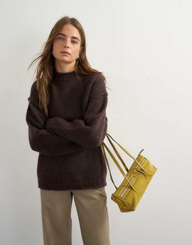 Topshop Topshop knitted wool blend roll edge chunky sweater in chocolate-Brown