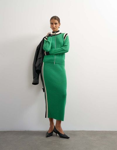 Topshop Topshop knitted wool blend sporty pencil contrast panel set skirt in green-Gray