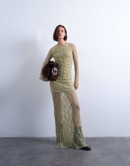 Topshop Topshop lace ruched front dropped waist maxi dress in green