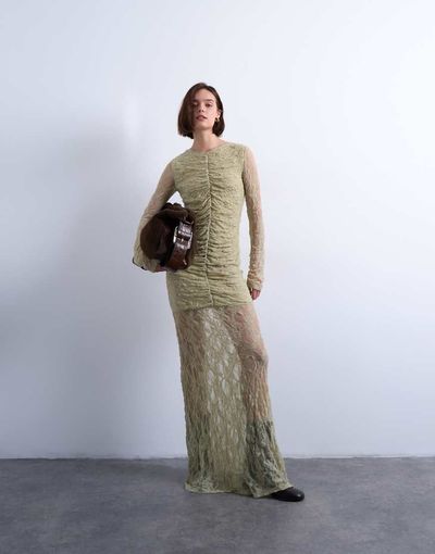 Topshop Topshop lace ruched front dropped waist maxi dress in green