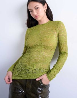 Topshop Topshop lace ruched side long sleeve top in green