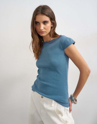 Topshop Topshop lace trim cap sleeve top in washed navy-No color