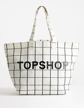 Topshop Topshop large printed canvas tote in plaid-Neutral