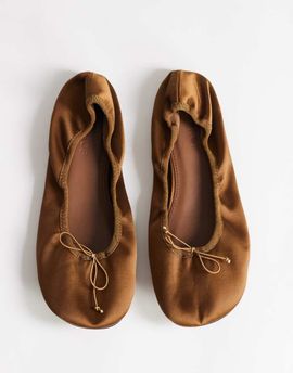 Topshop Topshop Lila round toe ballet flat in bronze satin-Brown