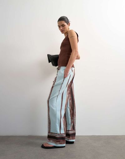 Topshop Topshop linen blend blue painted stripes straight leg pants with deep cuffs in blue-Multi