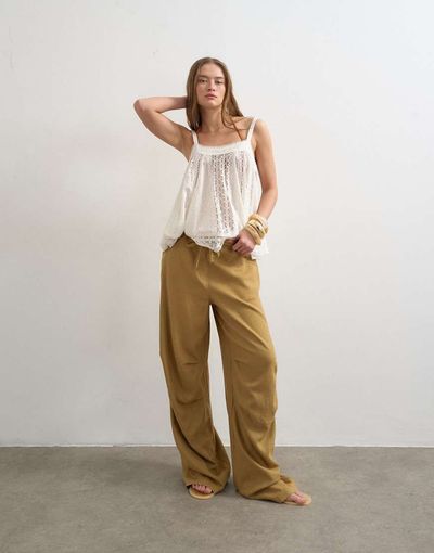 Topshop Topshop linen blend cargo pants in tan-Brown