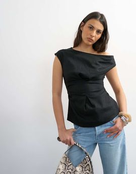 Topshop Topshop linen blend cinched waist asymmetric twist shoulder top in black