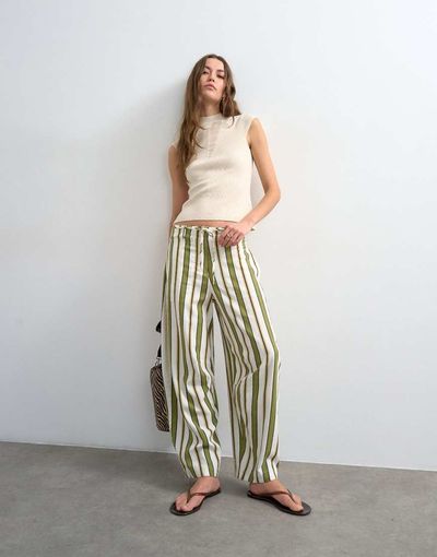 Topshop Topshop linen blend clean tie waist barrel leg pants in green stripes