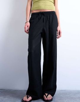 Topshop Topshop linen blend straight leg pants with deep cuffs in black