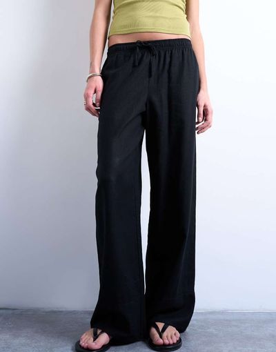 Topshop Topshop linen blend straight leg pants with deep cuffs in black
