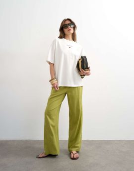 Topshop Topshop linen blend straight leg pants with deep cuffs in mid green