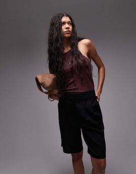 Topshop Topshop linen mix longline shorts in black-Red