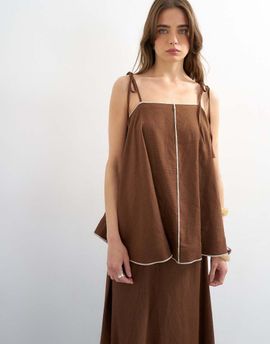 Topshop Topshop linen rich cami top with ecru contrast piping in brown - part of a set