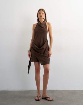 Topshop Topshop linen rich halter neck wrap mini dress in chocolate-Brown