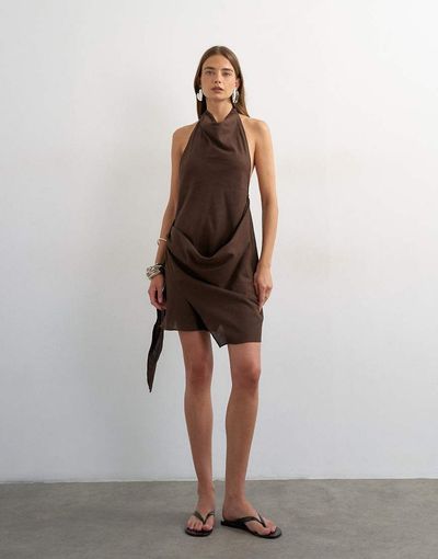 Topshop Topshop linen rich halter neck wrap mini dress in chocolate-Brown