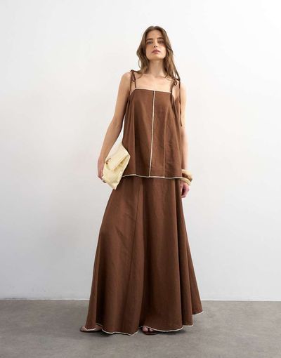 Topshop Topshop linen rich maxi skirt with contrast piping in brown - part of a set