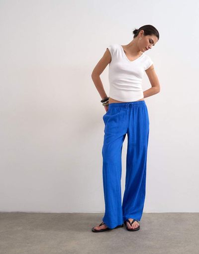 Topshop Topshop linen straight leg pants with deep cuff in cobalt-Blue