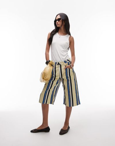 Topshop Topshop long line twill bermuda shorts in blue and yellow stripes-Multi