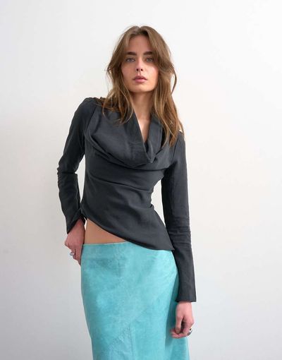 Topshop Topshop long sleeve cowl neck cupro top in black