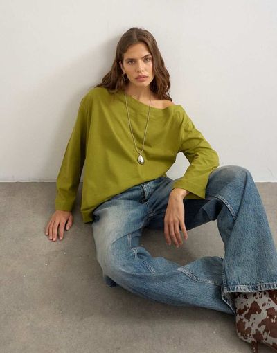 Topshop Topshop long sleeve fallen shoulder top in moss green