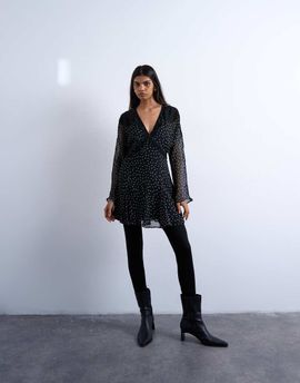Topshop Topshop long sleeve lace trim mini day dress in black and white polka dots