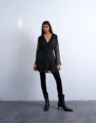 Topshop Topshop long sleeve lace trim mini day dress in black and white polka dots