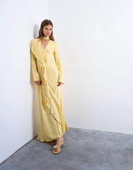 Topshop Topshop long sleeve ruffle maxi dress with scarf wrap detail in buttermilk-Yellow