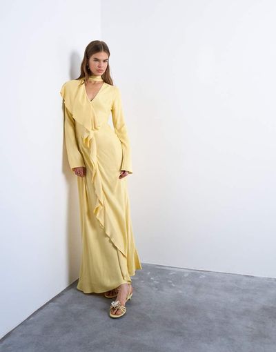 Topshop Topshop long sleeve ruffle maxi dress with scarf wrap detail in buttermilk-Yellow