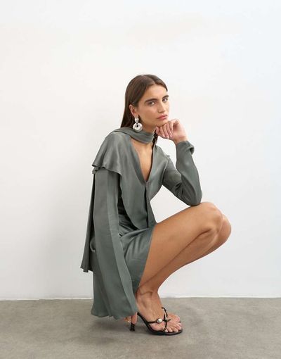 Topshop Topshop long sleeve ruffle mini dress with scarf wrap detail in petrol blue