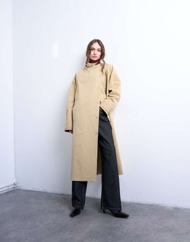 Topshop Topshop longline oversized funnel trench coat with contrast collar and buckle detail in beige-Neutral