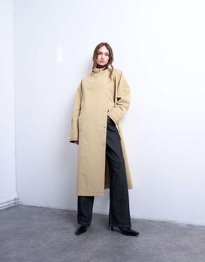 Topshop Topshop longline oversized funnel trench coat with contrast collar and buckle detail in beige-Neutral