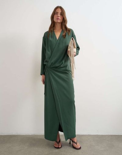 Topshop Topshop low cut tie waist blouson maxi dress in dark green