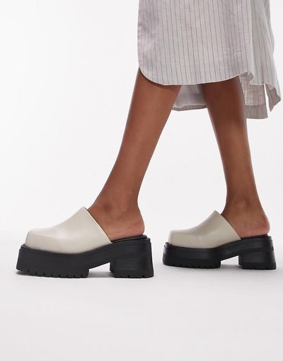 Topshop Topshop Luna premium leather chunky clog mule in neutral