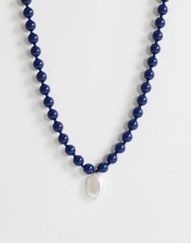 Topshop Topshop Marais beaded necklace with pearl charm in blue and white faux marble