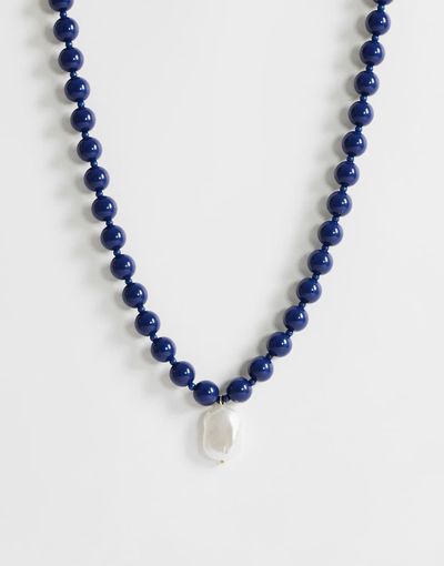 Topshop Topshop Marais beaded necklace with pearl charm in blue and white faux marble