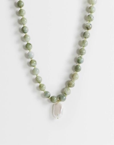 Topshop Topshop Marais beaded necklace with pearl charm in green and white faux marble