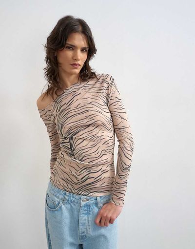 Topshop Topshop mesh fallen shoulder long sleeve top in animal print-Multi