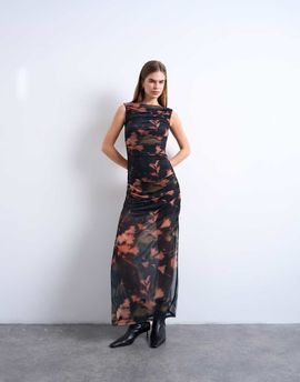Topshop Topshop mesh floral print ruched maxi dress in black