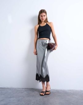 Topshop Topshop metallic lace hem midi skirt in silver
