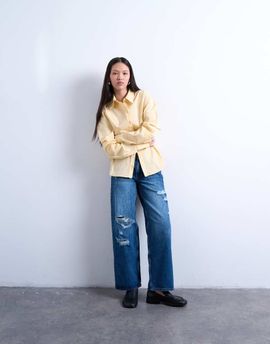 Topshop Topshop mid rise cinch jeans with knee rips in mid blue