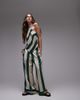 Topshop Topshop mid rise deep cuff satin pants in beige with burgundy and teal stripes - part of a set-Gray - 1