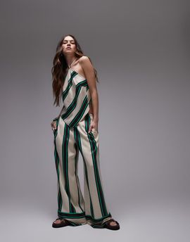 Topshop Topshop mid rise deep cuff satin pants in beige with burgundy and teal stripes - part of a set-Gray